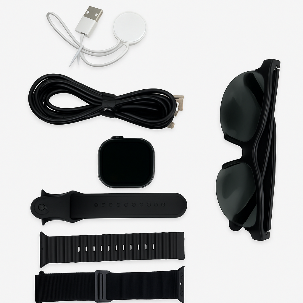RM43 Smart Combo Set – Smartwatch + Sunglasses + Accessories (6-in-1 Kit)